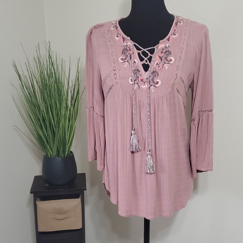 Knox Rose Pink Embroidered Lace-Up Blouse